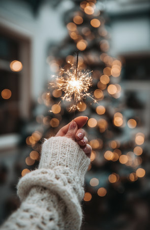 A hand in a cozy sweater holds a sparkler, illuminating the scene with bright sparks. Soft lights from a nearby tree create a warm and festive atmosphere in winter.の素材