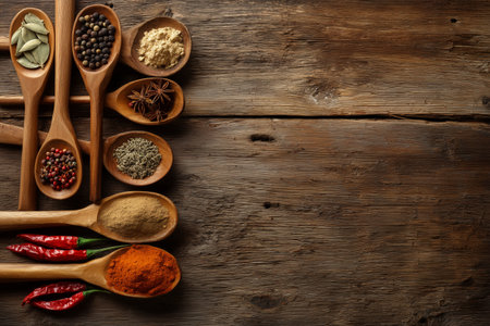Wooden spoons hold various spices and herbs, including red chili and colorful pepper, displayed on a weathered wooden table. This arrangement showcases the beauty of culinary ingredients.の素材