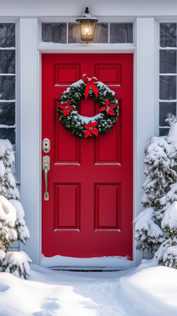 A bright red door with a festive wreath covered in snow is framed by two snow-dusted shrubs. The scene captures the charm of winter during the holiday season.の素材