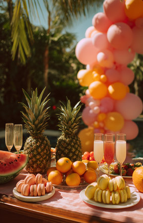 Vibrant fruits and desserts are arranged on a table at a lively outdoor gathering. Palm trees and colorful balloons create a cheerful, sunny atmosphere.の素材