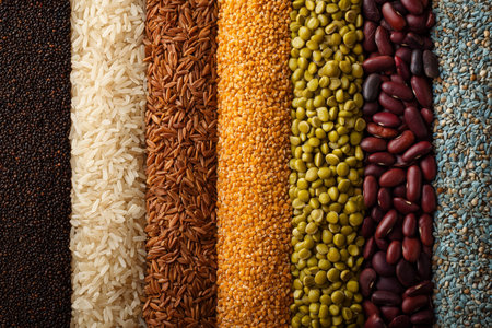 A variety of grains and seeds are displayed in straight rows, featuring black, white, brown, and yellow colors, showing the diversity and texture of food ingredients in natural light.の素材
