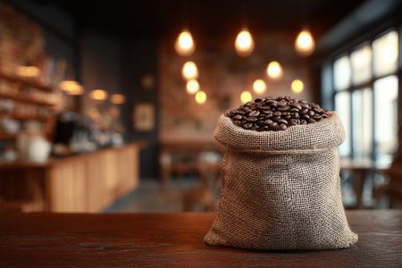 A burlap sack filled with fresh coffee beans sits on a wooden table. Soft, warm lights create a cozy atmosphere in the background of a cafe.の素材
