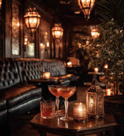 Soft lighting fills a stylish lounge featuring plush seating. Two cocktails rest on a table beside decorative lanterns, creating a warm, inviting atmosphere for relaxation.の素材