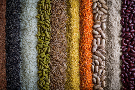 Various types of grains and legumes are arranged in neat rows, showing a vibrant mix of colors. The collection includes rice, beans, and seeds, creating a visually appealing display.の素材