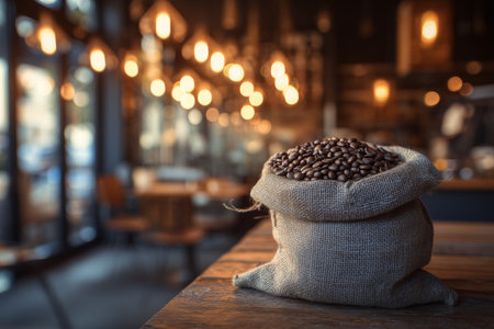 A burlap sack filled with shiny coffee beans sits on a wooden table, surrounded by warm, inviting cafe lights. The atmosphere is relaxed and welcoming for coffee lovers.の素材