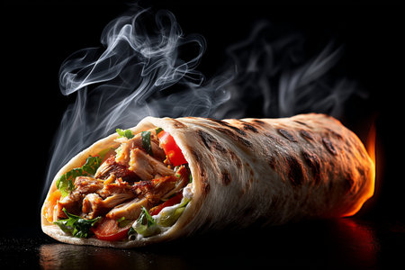 A warm chicken wrap with fresh vegetables is presented against a dark background. Steam rises from the wrap, highlighting its freshness and inviting appearance.の素材