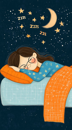 A person sleeps peacefully on a cozy blanket, surrounded by stars and a crescent moon. The warm colors create a tranquil atmosphere perfect for restful dreams.の素材