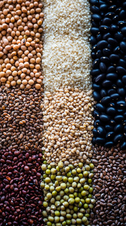 Different types of legumes and seeds are neatly arranged in rows, showing a rich assortment of colors and textures on a wooden surface. This display highlights healthy food options.の素材