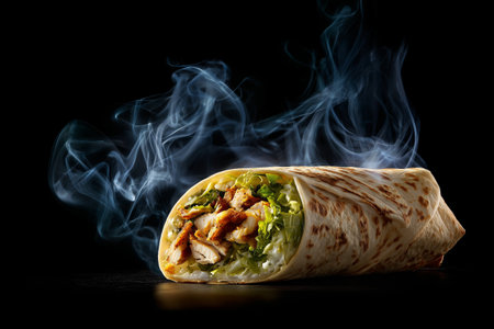 A chicken wrap filled with fresh vegetables rests against a dark background, surrounded by wisps of smoke. This appetizing dish is perfect for enjoying at any time.の素材
