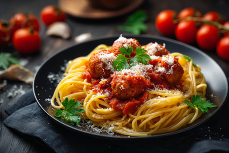 Spaghetti topped with savory meatballs and rich tomato sauce is presented on a dark plate. Fresh basil and cheese garnish the dish, showing a delightful meal.の素材