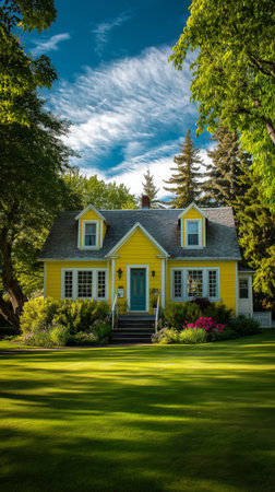 A lovely yellow house with a charming design sits surrounded by a well-maintained garden on a sunny day. The clear blue sky enhances the serene atmosphere of the neighborhood.の素材