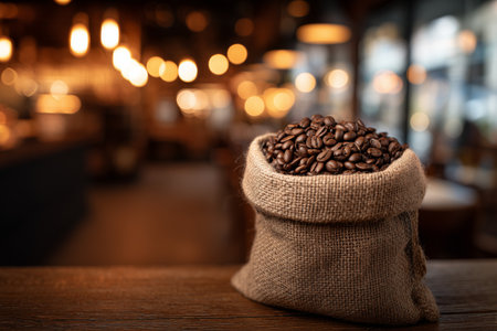 A burlap sack filled with shiny coffee beans sits on a wooden table, surrounded by warm, inviting cafe lights. The atmosphere is relaxed and welcoming for coffee lovers.の素材