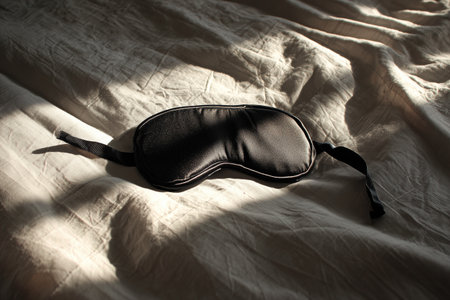 A black sleep mask lies on a cozy, rumpled bed. Warm sunlight filters through, creating soft shadows. The scene captures a tranquil morning atmosphere.の素材