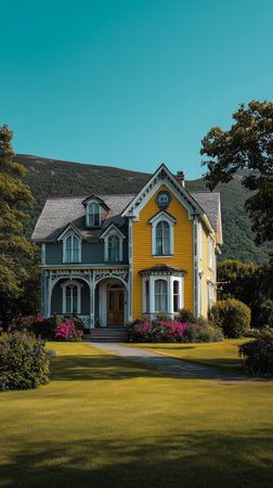 A charming Victorian house painted bright yellow stands tall against a clear blue sky. The property features a well-maintained lawn and lovely greenery surrounding the home.の素材