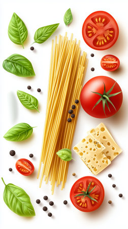 Fresh spaghetti lies among ripe tomatoes, fragrant basil leaves, and pieces of cheese, creating an inviting scene for a hearty meal.の素材