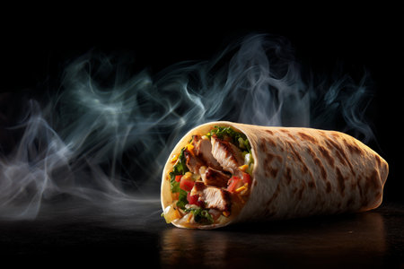 A chicken wrap filled with fresh vegetables rests against a dark background, surrounded by wisps of smoke. This appetizing dish is perfect for enjoying at any time.の素材