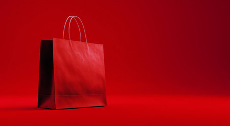 A large red shopping bag rests on a bright red background, creating a striking visual. The bag is empty, perfect for showcasing holiday sales or promotional events.の素材