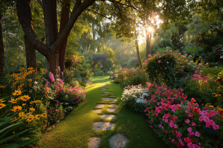 A vibrant pathway lined with blooming flowers leads through a lush garden. The warm afternoon sun casts a soft glow, enhancing the natural beauty of the scene.の素材