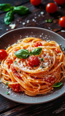 A plate of spaghetti is topped with juicy cherry tomatoes and fresh basil. Grated cheese adds flavor, and the rustic wooden table enhances the cozy meal setting.の素材