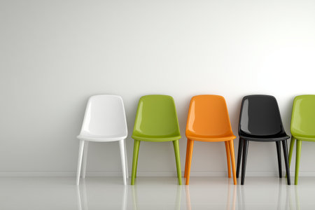 Various chairs in vibrant colors are neatly lined up against a light wall in a contemporary setting. The chairs have wooden legs and showcase sleek, minimalist design.の素材