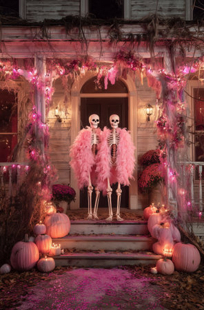 Two skeletons in pink feather boas stand on the steps of a decorated house. Surrounding them are pink pumpkins and flowers, creating a festive Halloween scene at night.の素材