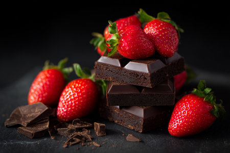 Rich chocolate brownies with glossy chocolate layers sit beneath vibrant red strawberries. This dessert arrangement showcases sweet and decadent flavors perfect for any occasion.の素材