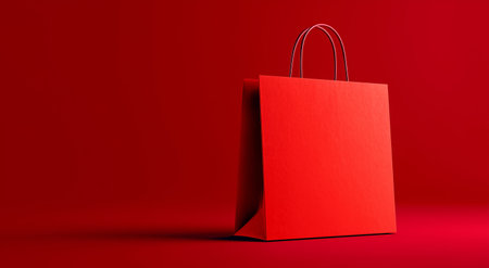 A vibrant red shopping bag with white handles is displayed prominently against a matching solid red background, creating a striking visual effect in a clean and simple setting.の素材