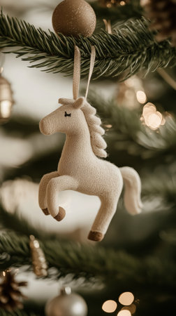 A charming unicorn ornament with a light color is hanging from a Christmas tree among twinkling lights and festive decorations. The atmosphere is warm and joyful during the holidays.の素材