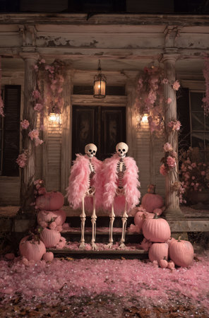 Two skeletons in pink feather boas stand on the steps of a decorated house. Surrounding them are pink pumpkins and flowers, creating a festive Halloween scene at night.の素材