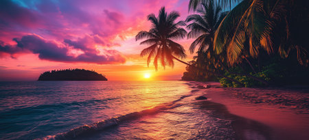 Stunning sunset lights up the sky with vibrant colors over a calm tropical beach. Palm trees sway gently as waves lap the shore, creating a peaceful atmosphere.の素材