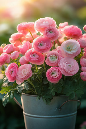 A lush arrangement of pink ranunculus flowers fills a metal bucket. The sun lights gently up the garden, enhancing the colors as the flowers stand out amidst green foliage.の素材