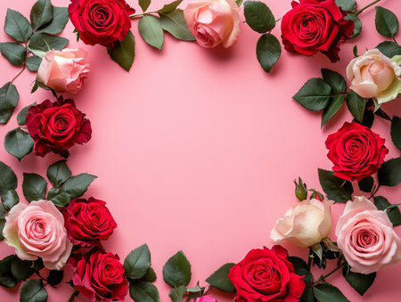 Beautiful red and pink roses are arranged in a circular pattern on a soft pink background. This display is ideal for celebrations, events, or home decoration. Details matter.の素材