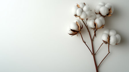 A cotton branch featuring soft, white bolls stands out against a plain white backdrop. This natural arrangement highlights the beauty of cotton in its raw form.の素材