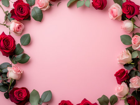 A beautiful arrangement of red and pink roses surrounds a bright pink background, forming a charming floral frame perfect for special occasions or displays.の素材