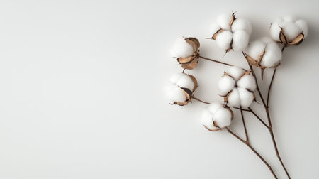 Three cotton bolls are set against a plain background, showing their soft white fibers and earthy brown pods. The arrangement emphasizes simplicity and natural beauty. Details matter.の素材
