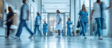 Medical professionals in scrubs walk quickly through a hospital corridor. Bright light fills the space, creating a vibrant atmosphere in this busy healthcare environment.の素材