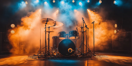 A vibrant stage is prepared for a performance, featuring a drum set surrounded by colorful lights and atmospheric fog. The scene is full of energy, anticipation, and excitement.の素材