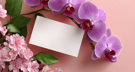Vibrant purple orchids are beautifully arranged alongside a blank white card on a soft pink surface. This displays a perfect combination of natural beauty and elegance. Details matter.の素材