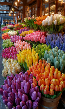 A variety of colorful tulips fill baskets at an outdoor market. The space is lively, showing vivid petals that enhance the cheerful spring ambiance. Shoppers admire the floral beauty.の素材