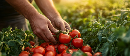 A farmer gently picks ripe tomatoes from a lush garden as the sun sets, casting warm light over the vibrant green leaves and red fruit, showing a fruitful harvest.の素材