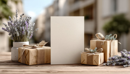A cozy outdoor space features wrapped gifts and lavender flowers in a vase. The scene reflects a warm atmosphere perfect for celebrations or special occasions.の素材