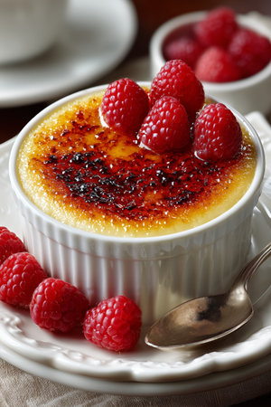 A creamy creme brulee sits in a white ramekin, garnished with vibrant red raspberries. A silver spoon rests beside the dish, enhancing the inviting dessert setting. Details matter.の素材