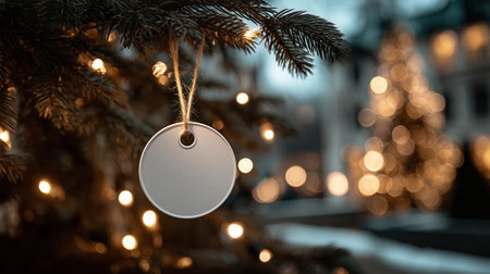 A blank tag hangs from a lush pine tree branch adorned with warm glowing lights, creating a cozy atmosphere in a winter wonderland during the holiday season. Details matter.の素材