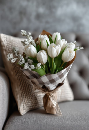 A beautiful bouquet of white tulips and baby breath flowers rests on a plush couch, adding a touch of elegance to the cozy living room setting. Soft textures enhance the scene.の素材