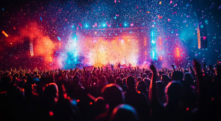The crowd waves and cheers during a lively concert at night, surrounded by colorful lights and a shower of confetti falling from above, creating an energetic atmosphere.の素材