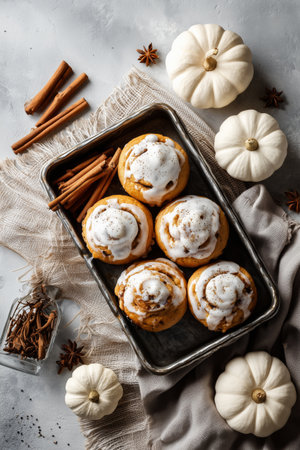 Five freshly baked pumpkin cinnamon rolls sit in a metal tray, topped with cream cheese icing, surrounded by white pumpkins and cinnamon sticks, showing a cozy autumn vibe.の素材