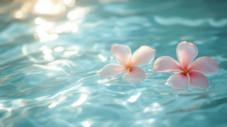 Two delicate pink flowers drift gently on the shimmering water of a pool, creating a serene scene filled with tranquility and beauty under bright sunlight.の素材