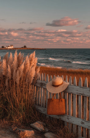 A peaceful beach scene features a straw hat and woven bag hanging on a wooden fence. The sun sets, casting warm colors over the ocean and clouds, creating a calming atmosphere.の素材
