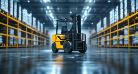 A yellow forklift stands prominently in a spacious warehouse. Bright overhead lights illuminated organized shelves lined with packed items, showcasing a busy work environment.の素材