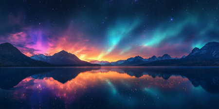 A colorful aurora lights up the night sky above mountains, reflecting beautifully on a tranquil lake surface. The scene captures a stunning natural display of colors.の素材